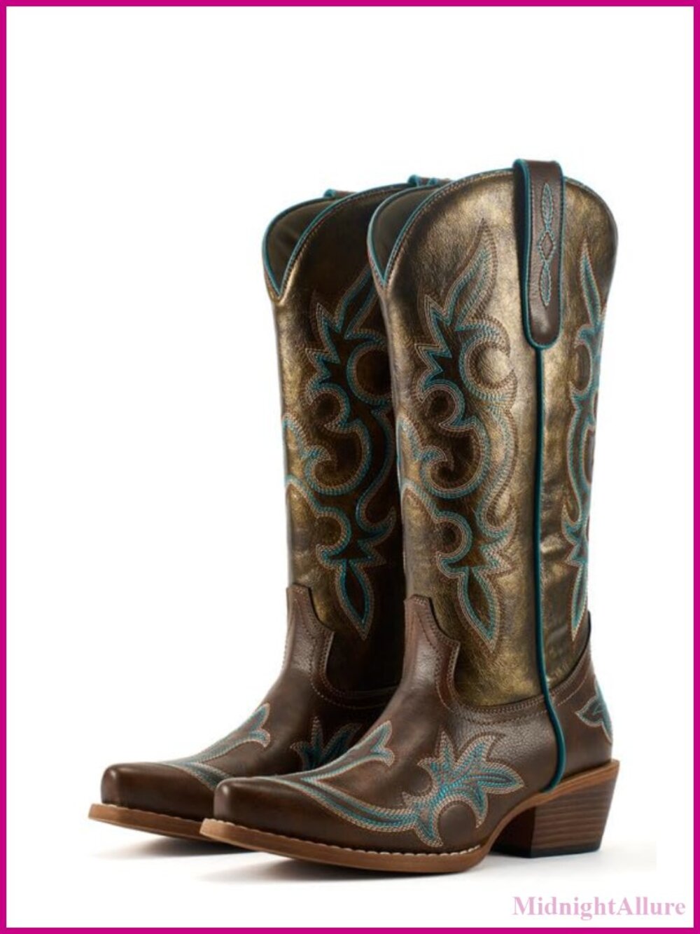Faux Leather Mid Calf Western Cowboy Boots Snip Toe Block Heel
